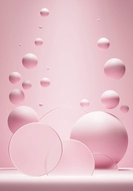 Soyut renkli toplar. Pembe şekerler sıfır yerçekiminde uçar. Kaotik dağınık konfeti küreleri. Şenlikli parti duvar kâğıdı. 3D canlandırma yaratıcı arka plan. Yüz için top şeklinde makyaj tozu kozmetiği