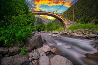 Doğal Alandaki bir dağ nehri üzerindeki antik taş köprü..