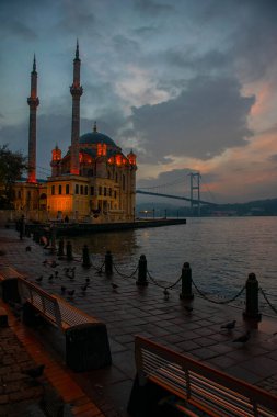 İstanbul sabah manzarası. Ortaklık Camii ve Boğaz Köprüsü 'nün (15 Temmuz Şehitler Köprüsü) martılı görüntüsü