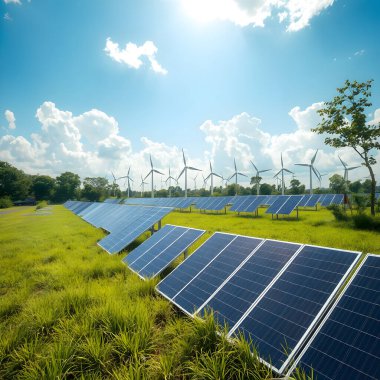 Çevre-yeşil sürdürülebilir konsept için yel değirmeni ve güneş panelleri ile yeşil enerji hasadı.