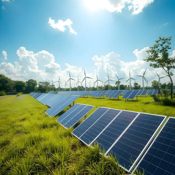 Çevre-yeşil sürdürülebilir konsept için yel değirmeni ve güneş panelleri ile yeşil enerji hasadı.