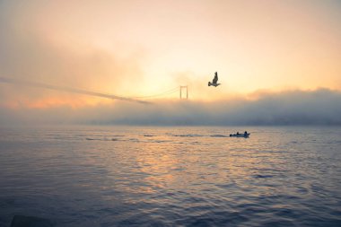 15 Temmuz Şehitler Köprüsü (Boğaz Köprüsü), sis bulutlarında martı ve gün doğumuyla birlikte görülüyor. Sisli boğazda balıkçı tekneleri.