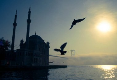 15 Temmuz Şehitler Köprüsü (Boğaz Köprüsü), sis bulutlarında martı ve gün doğumuyla birlikte görülüyor. Ortakoy Camii 'nden sisli sabah manzarası ve 15 Şehitler Köprüsü.