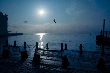 15 Temmuz Şehitler Köprüsü (Boğaz Köprüsü), sis bulutlarında martı ve gün doğumuyla birlikte görülüyor. Ortakoy Camii 'nden sisli sabah manzarası ve 15 Şehitler Köprüsü. 