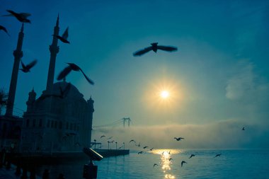 15 Temmuz Şehitler Köprüsü (Boğaz Köprüsü), sis bulutlarında martı ve gün doğumuyla birlikte görülüyor. Ortakoy Camii 'nden sisli sabah manzarası ve 15 Şehitler Köprüsü. 