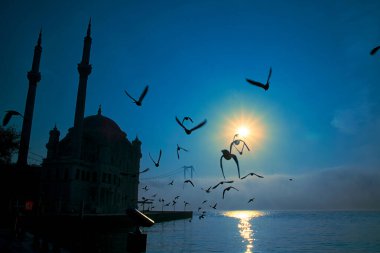 15 Temmuz Şehitler Köprüsü (Boğaz Köprüsü), sis bulutlarında martı ve gün doğumuyla birlikte görülüyor. Ortakoy Camii 'nden sisli sabah manzarası ve 15 Şehitler Köprüsü. 