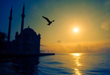 15 Temmuz Şehitler Köprüsü (Boğaz Köprüsü), sis bulutlarında martı ve gün doğumuyla birlikte görülüyor. Ortakoy Camii 'nden sisli sabah manzarası ve 15 Şehitler Köprüsü. 