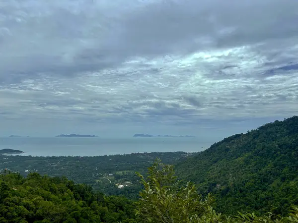 Lipa Noi Tepesinden Panoramik Manzara, Koh Samui, Tayland Okyanus Ufku ile Tropikal Ada Manzarası