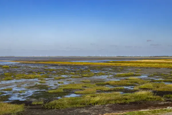 Danimarka 'nın Romo Adası köprüsünde berrak mavi gökyüzü olan güzel manzara.