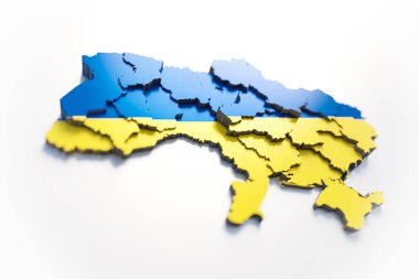 Ukraine map with flag colors and shadow on white background by 3D rendering.