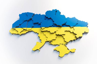 Ukraine map with flag colors and shadow on white background by 3D rendering.