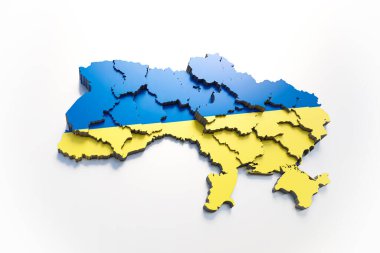 Ukraine map with flag colors and shadow on white background by 3D rendering.