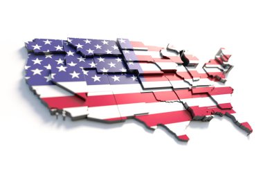 USA America map with flag colors and shadow on white background by 3D rendering.