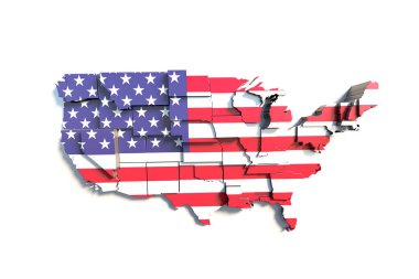 USA America map with flag colors and shadow on white background by 3D rendering.