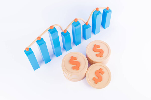 Стек 3D Доллар и график экономики столбца изолированный фон. 3D рендеринг