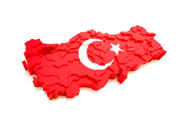 Turkey map with flag colors and shadow on white background by 3D rendering.