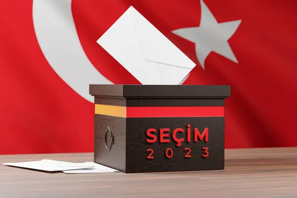 Türkiye Seçim Konsepti oy pusulası zarflı ve Türk Bayrağı arkaplanlı. 3B Hazırlama Oyları