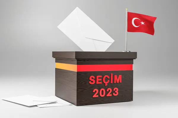 Türkiye Seçim Konsepti oy pusulası zarflı ve Türk Bayrağı arkaplanlı. 3B Hazırlama Oyları
