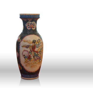 Beyaz arkaplanda eski çömlek vazosu, nesne, vintage, dekor, afiş, şablon, hediye, kopyalama alanı