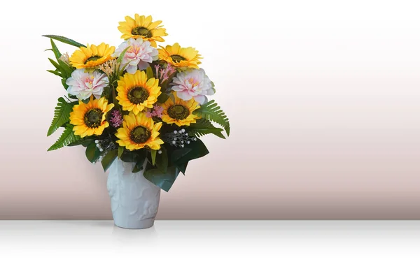 Front View Yellow Sunflowers Pink Flower Bouquet White Ceramic Pot — Stock Photo, Image