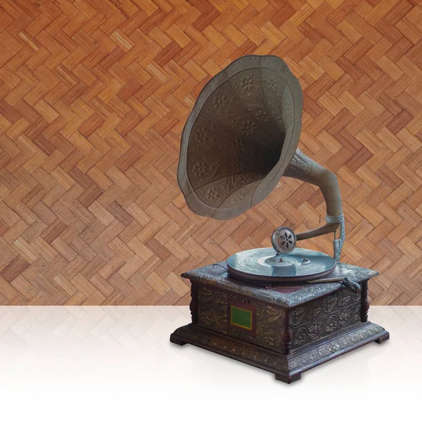 Mesa Giratória Bronze Velho Parede Fundo Madeira Objeto Música Decoração — Fotografia de Stock