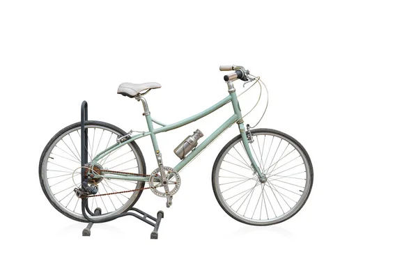 Vista Lateral Bicicleta Quadro Verde Antigo Almofada Branca Uma Fechadura — Fotografia de Stock