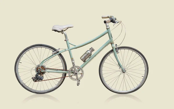 Vista Lateral Bicicleta Quadro Verde Antigo Almofada Branca Fundo Amarelo — Fotografia de Stock