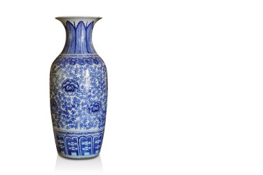 beautiful large blue and white ceramic vase on white background, object, decor, retro, gift, fashion, copy space
