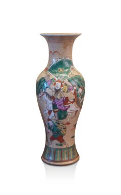 front view antique large orange and cream ceramic vase on white background, object, decor, fashion, gift, home, house, copy space