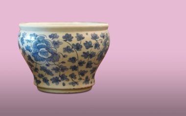 old white and blue ceramic vase on pink background, decor, object, fashion, banner, template, ancient, copy space
