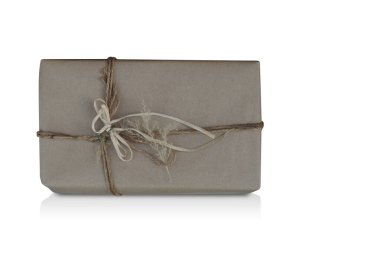 top view old brown gift box, tied with string and decorated on white background, object, gift, love, copy space