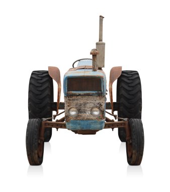 front view old and rust blue tractor on white background, object, construction, work, vintage, ancient, old, copy space