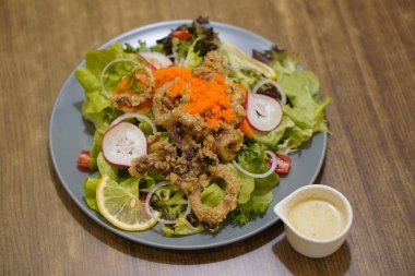 Seramik tabakta kızarmış kalamar ve ahşap masa arkasında mayonez sosu, yemek, doğa, sağlık, fotokopi spac