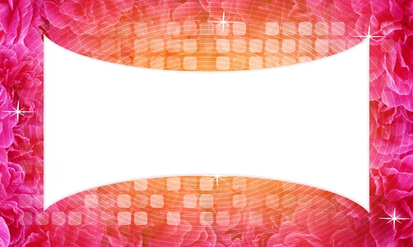 white curved screen on white stacked ovals and blur and fade rounded rectangle sort by length on pink and orange rose flowers bouquet background, banner, template, card, copy space