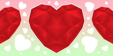 bir kırmızı kalp ve iki kırmızı yarım kalp ve beyaz kalp ve gradyan pembe ve yeşil zemin üzerinde daireler, aşk, sevgililer günü kartı, nesne, dekor, moda, hediye, kopyalama alanı