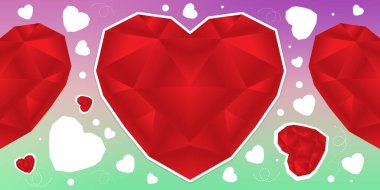 bir kırmızı kalp beyaz vuruş ve iki kırmızı kalp ve beyaz kalp ve daireler gradyan menekşe ve yeşil arkaplan, aşk, sevgililer günü, nesne, dekor, moda, hediye, kopyalama alanı