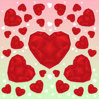 Değişik boyutlarda kırmızı kalpler eğimli pembe ve yeşil arka planda