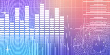 Gradyan menekşe ve pembe arkaplan, nesne, dekor, pankart, şablon üzerinde teknoloji ve beyaz müzik ritmleri ve beyaz ses çizgileri