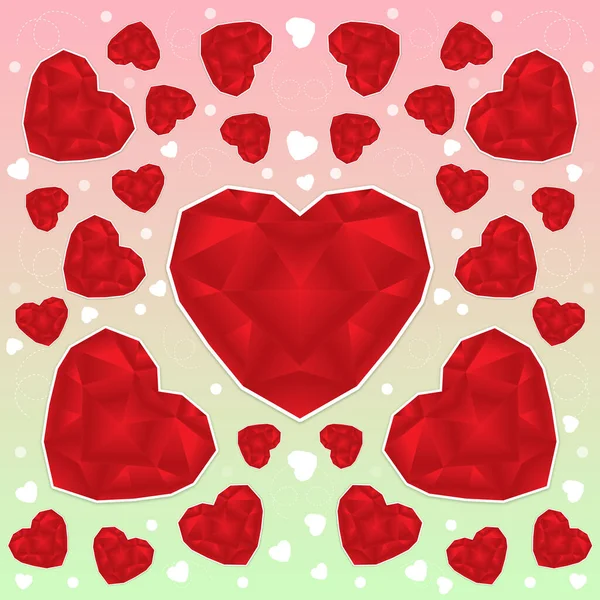 Červená Srdce Různých Velikostí Přechodu Růžové Zelené Pozadí — Stock fotografie