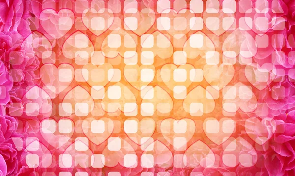 模糊的心堆积在渐变的圆形矩形上 在模糊的粉红色和橙色的玫瑰背景 复制空间上 — 图库照片