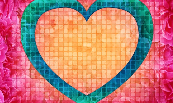 Velká Oranžová Srdeční Mozaika Modré Zelené Mozaiky Srdce Rozmazané Zaoblené — Stock fotografie