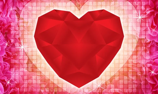 Rote Polygon Herzen Auf Unschärfe Gerundetes Rechteck Und Rosa Rosen — Stockfoto
