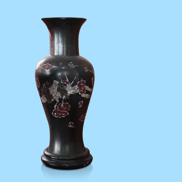 Front View Old Long Black Red Ceramic Vase Blue Background — Stock Photo, Image