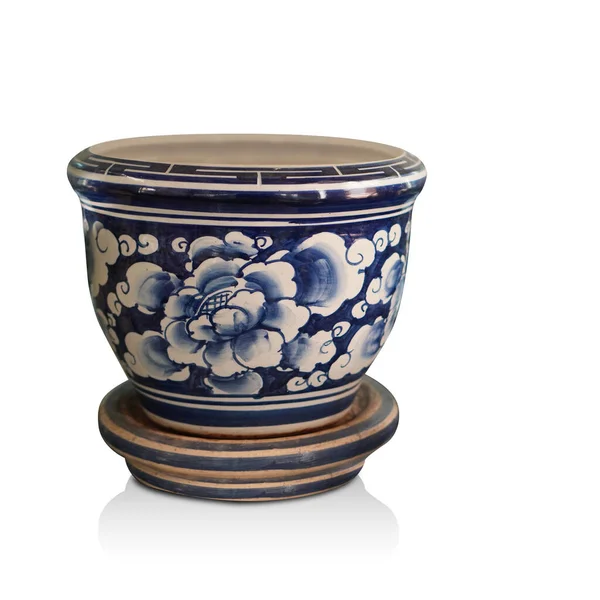 Old White Blue Ceramic Pot White Blue Ceramic Saucer White — Stock Photo, Image