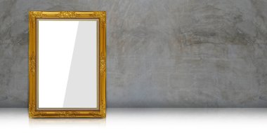 Altın dikdörtgen çerçeve üzerine ön görüş beyaz ve gri kağıt, eski beton duvar arkaplan, nesne, dekor, moda, hediye, fotoğraf, pankart, şablon, kopyalama alanı
