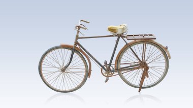 yan görünüm eski ve kirli kahverengi ve siyah çerçeve bisiklet gradyan mavi ve beyaz arkaplan, nesne, dekor, ulaşım, hediye, dekorasyon, kopyalama alanı