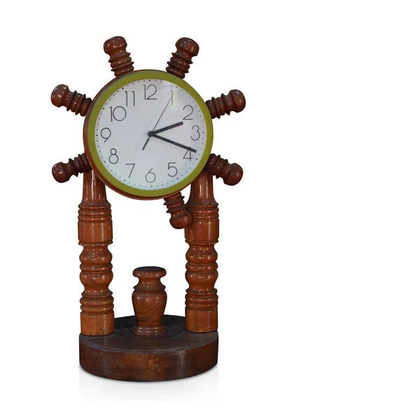 Relógio Madeira Marrom Verde Antigo Fundo Branco Fundo Objeto Vintage — Fotografia de Stock