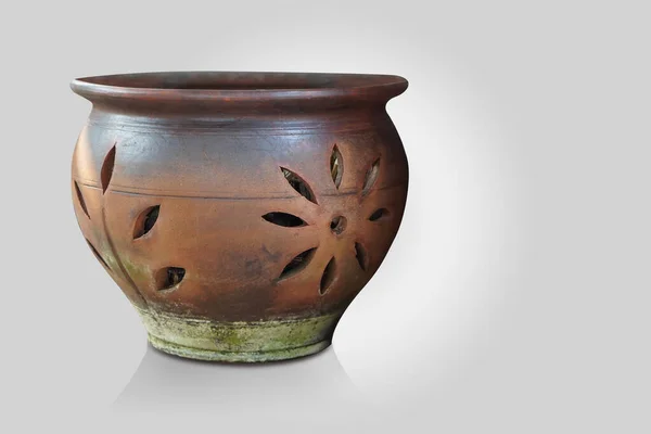 Front View Old Brown Black Clay Pot Grey Background Object — Stock Photo, Image