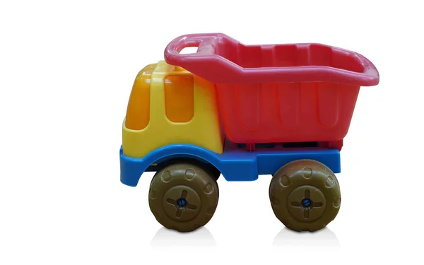 Vista Lateral Brinquedo Caminhão Plástico Colorido Fundo Branco Objeto Brinquedo — Fotografia de Stock