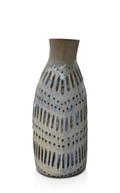 Beyaz zemin üzerinde antika kahverengi ve beyaz seramik vazo, nesne, dekor, pankart, şablon, kopyalama alanı